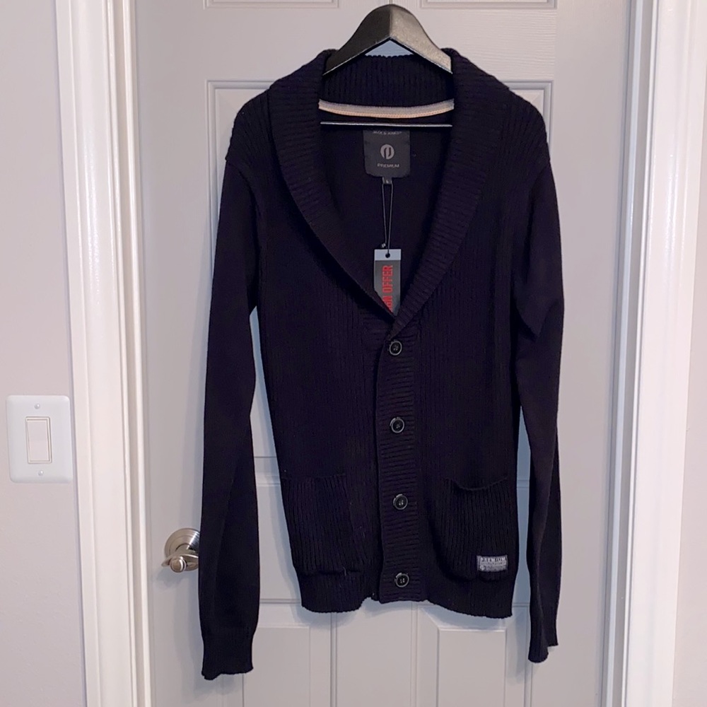 JACK & JONES PREMIUM Black Button Down Ribbed Cardigan SZ L NWT